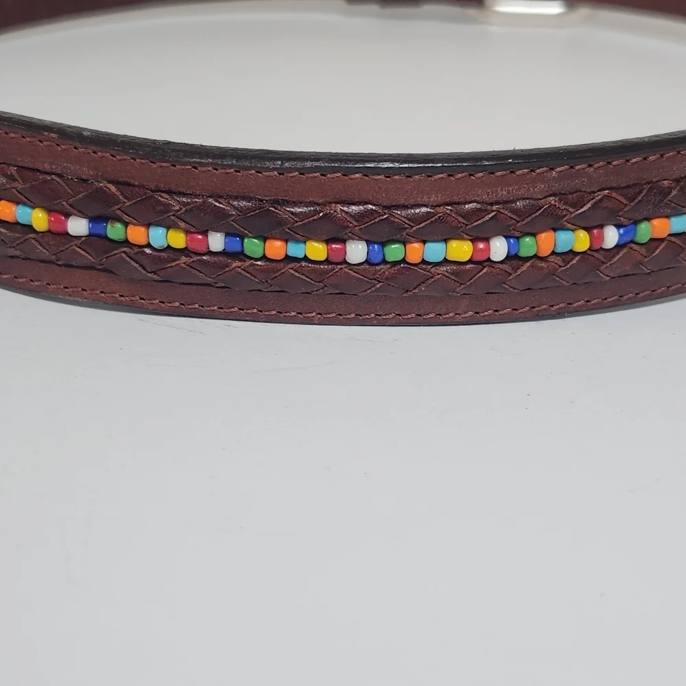 Vintage FOSSIL Beaded Leather Belt Small Brass Buckle | Multicolor Seed Beads